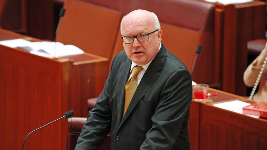Attorney-General George Brandis addresses the Senate chamber on August 17, 2017.