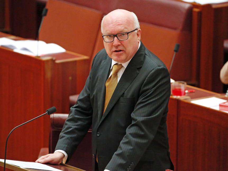 Attorney-General George Brandis addresses the Senate chamber on August 17, 2017.