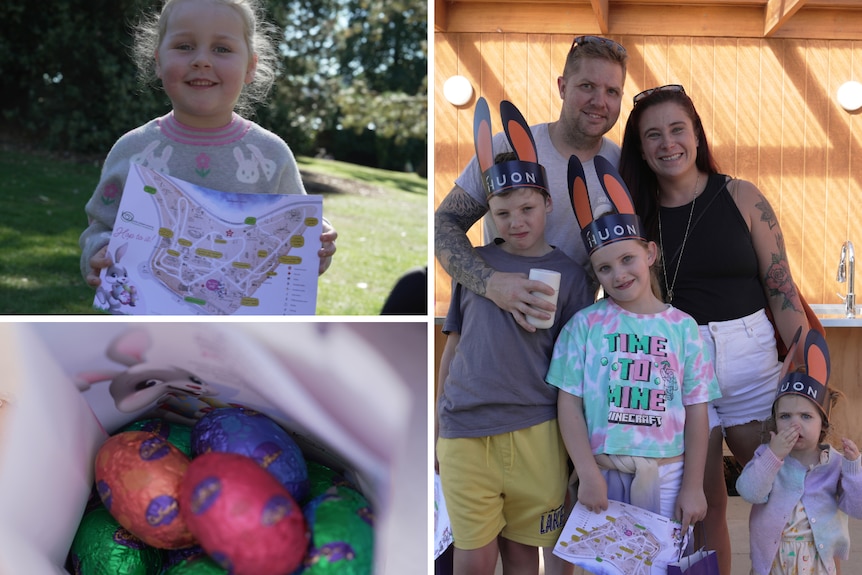 A collage of a girl with an egg hunt map, Easter eggs, and a family wearing bunny ears.