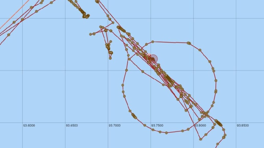 Tracking marks of the Seabed Constructor show ship has circled and stopped a number of times.