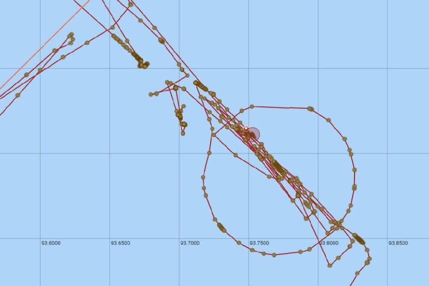 Tracking marks of the Seabed Constructor show ship has circled and stopped a number of times.