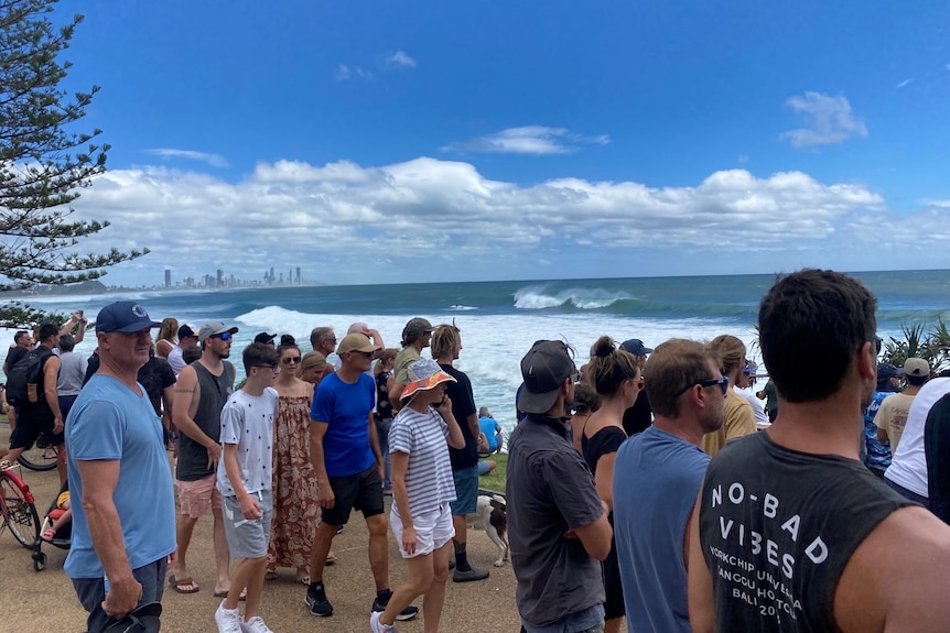 A crowd gathered at Burleigh Heads to watch wild surf