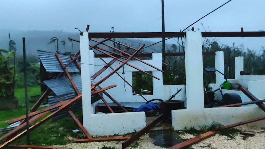 The frame of a building with a destroyed roof