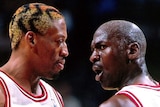 The Chicago Bulls' Dennis Rodman is shouted at by teammate Michael Jordan.