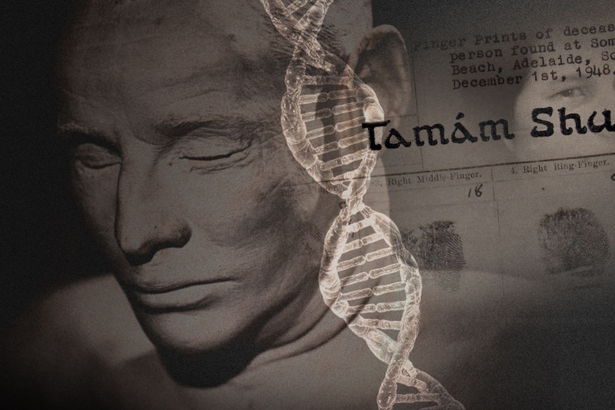 A graphic of the Somerton Man's face, a DNA strand and a book. 