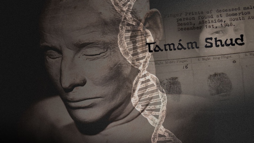 A graphic of the Somerton Man's face, a DNA strand and a book. 
