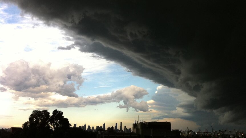View from Seddon, looking east towards the Melbourne CBD, as a storm front moved across the city.