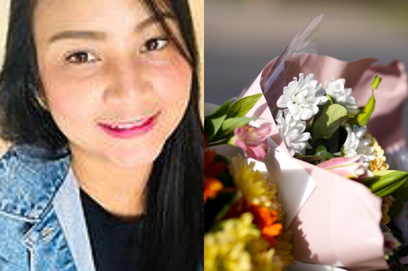 a composite image of whalan explosion victim Mhey Jasmine and a floral tribute left at the scene