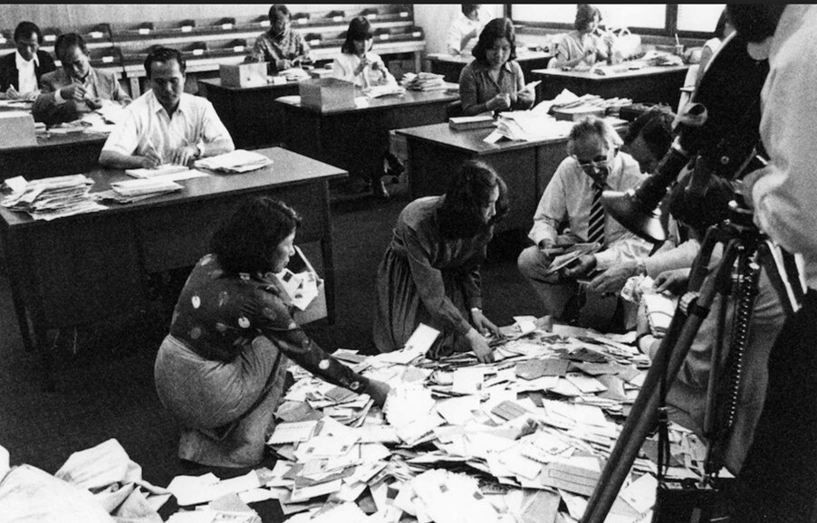 Black and white photo of people sorting a pile of letters on the floor and others sitting at desks opening letters.