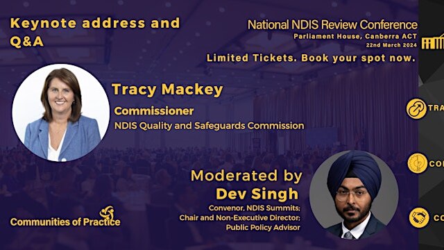 National NDIS Review Conference poster where Tracy Mackey appeared as a keynote speaker. 