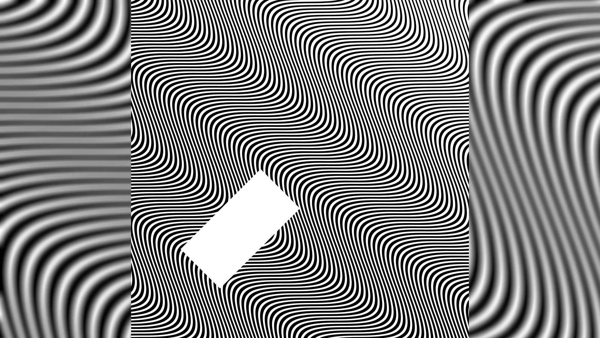 Wavy black and white lines coalesce into an optical illusion with a white rectangle in the lower left corner pointing north east
