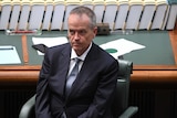 Bill Shorten wears a navy suit and grey tie as he sits on green chair with green and wood panelled desk behind him.