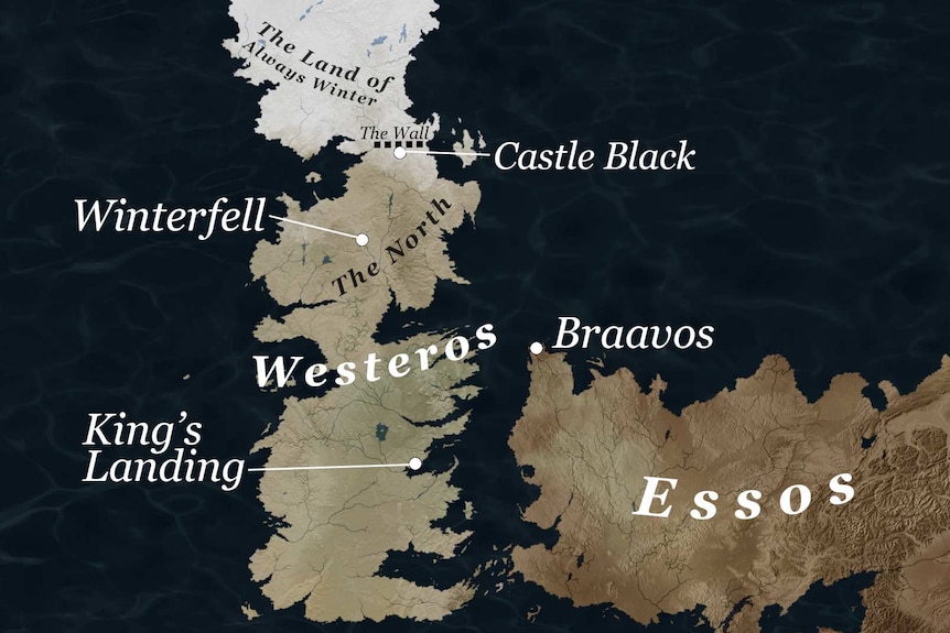 A map of the Game of Thrones world, showing Westeros, Braavos, and Essos
