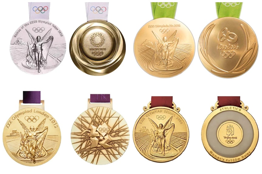 A grid of images showing the close-up designs of gold medals from previous Olympic Games.