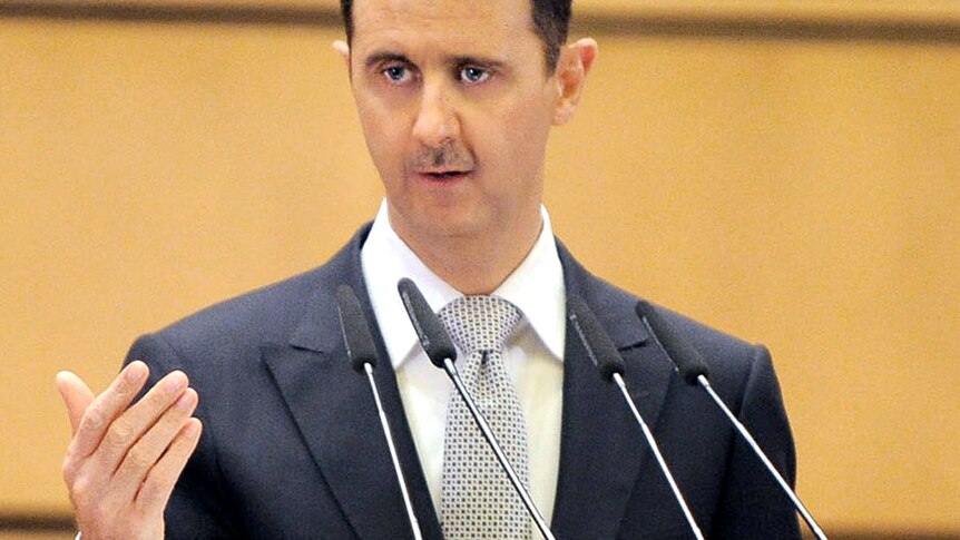 Syrian president Bashar al-Assad delivering a speech in Damascus on January 10, 2012