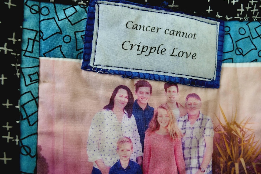 A tile from a patchwork quilt honouring young cancer victim Rhys Habermann.