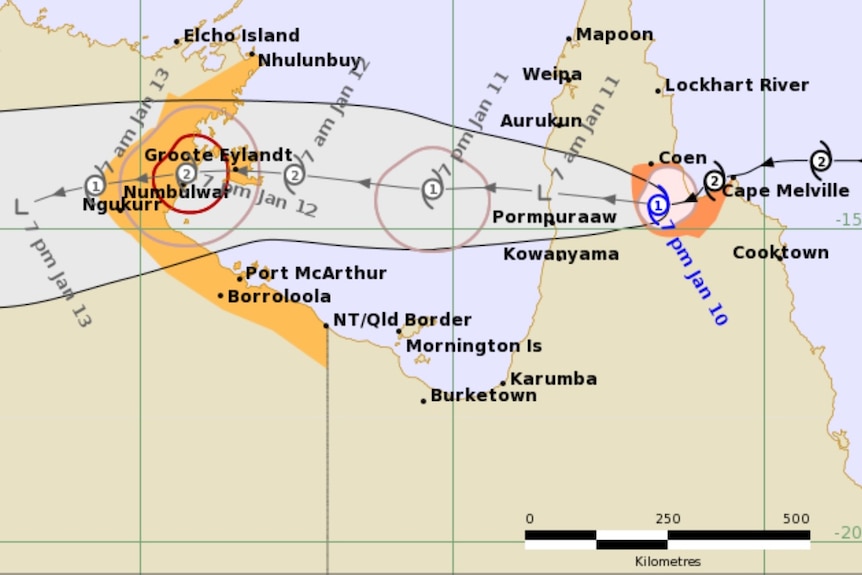 Tracking map for Tropical Cyclone Tiffany Monday 8pm