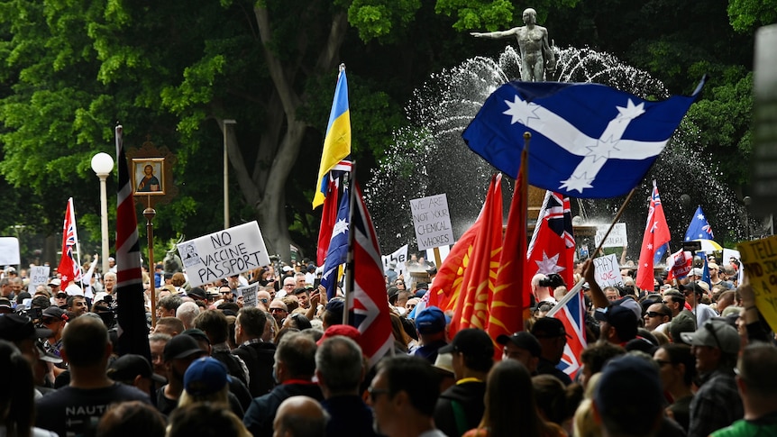 A large crowd waves flags at an anti-COVID protest rally