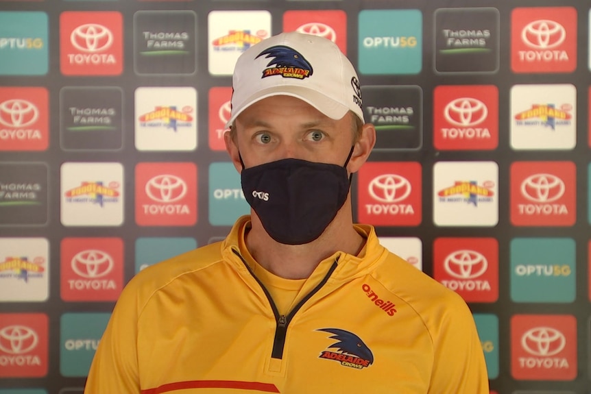 Adelaide Crows midfield coach Nathan van Berlo addresses the media.