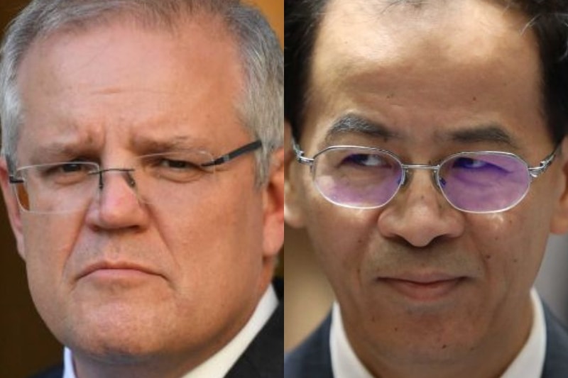 A composite image of Scott Morrison and Cheng Jingye