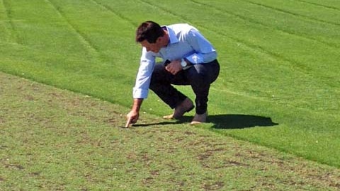 Former Australian cricket captain Ricky Ponting checks the pitch at York Park, Launceston.