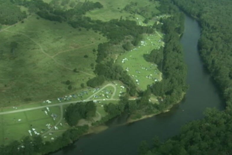 An aerial shot of the river bend.