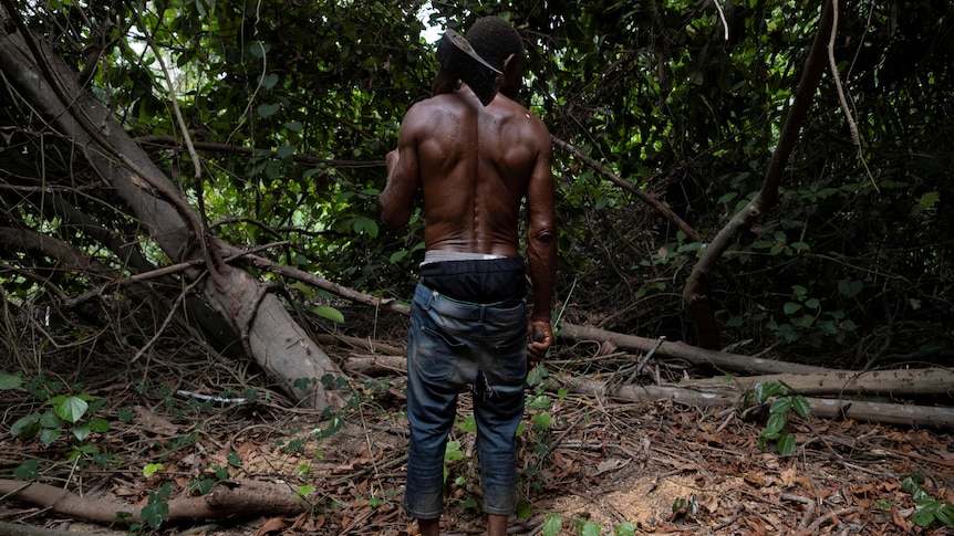 A Nigerian logger pictured in a forest, with an axe resting on his shoulder.
