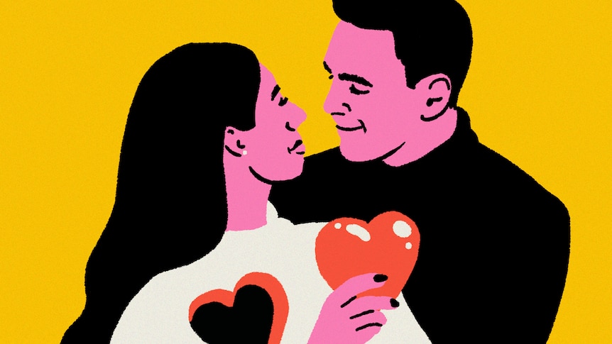 An illustration of a heterosexual couple where the woman is taking her heart out of her chest and giving it to her partner.