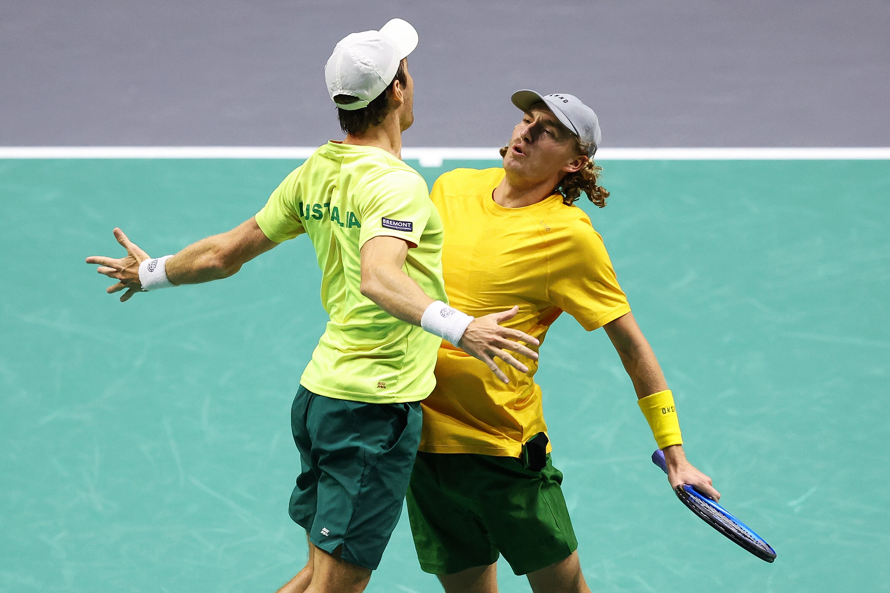 Matthew Ebden and Max Purcell chest bump