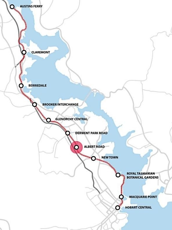 A map of Hobart showing a line connecting Austins Ferry to Hobart Central with stops along the way.