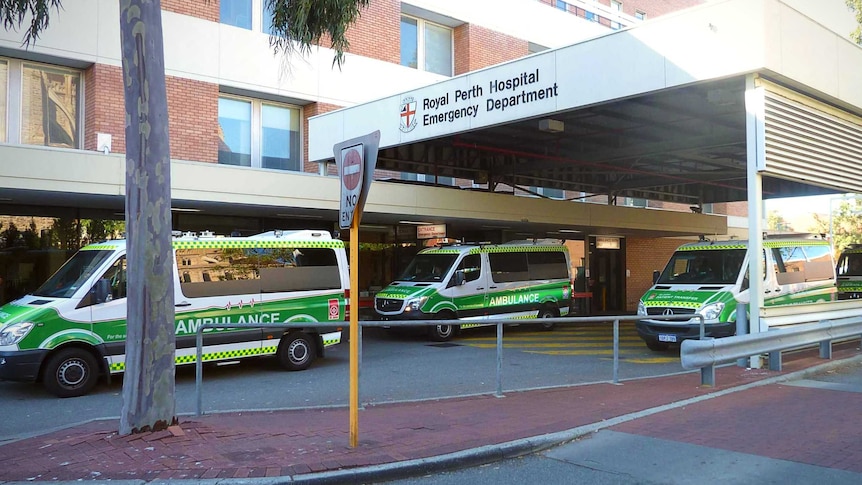 Ambulances parked in the Emergency Department bays at Royal Perth Hospital