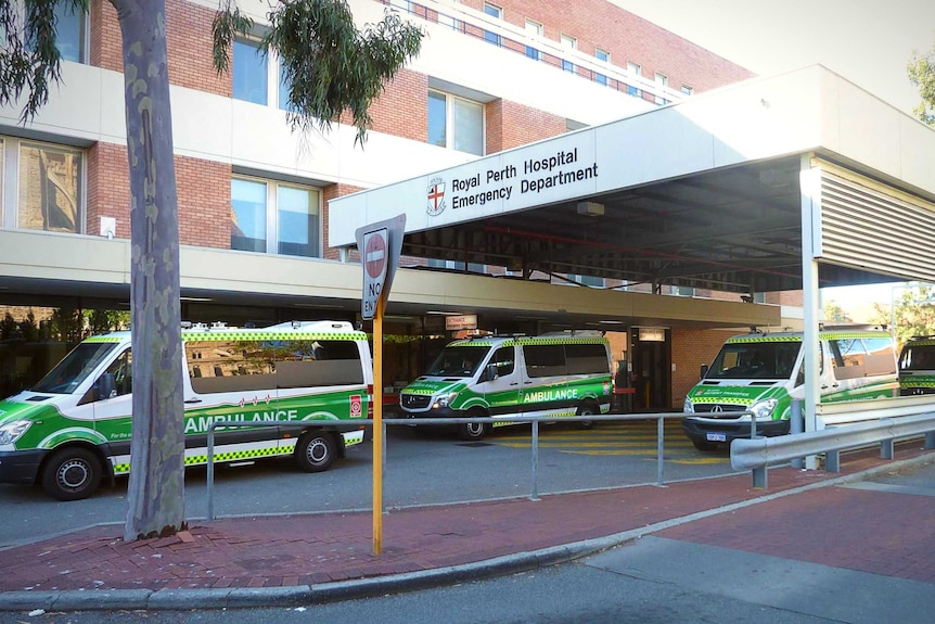 Ambulances parked in the Emergency Department bays at Royal Perth Hospital