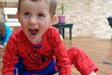 Missing boy William Tyrrell sits on a hardwood floor, his mouth is open and he's wearing a Spider-Man suit.