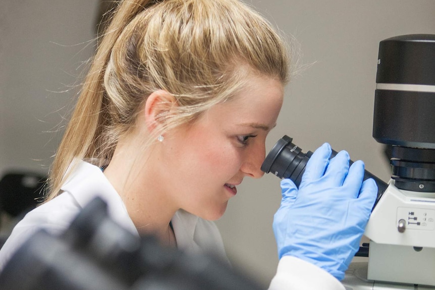 Dr Ciara Duffy looking through a microscope in a medical lab, wearing blue latex gloves and a white lab coat.