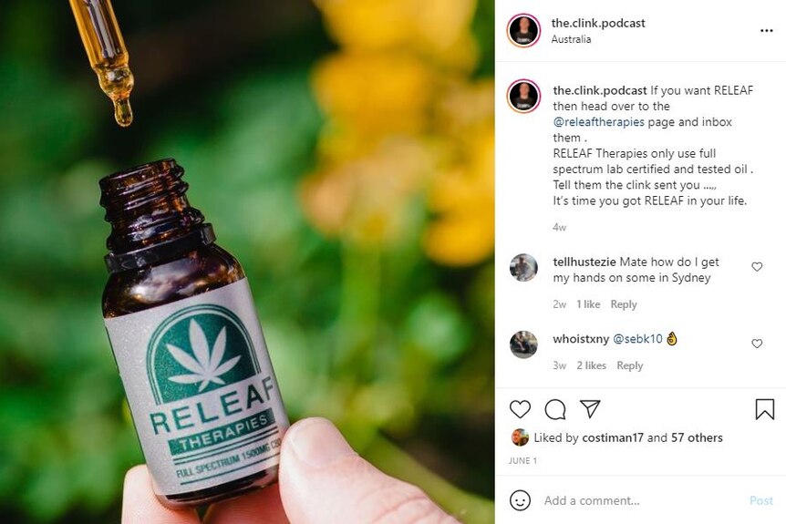 An image of an instagram post with a small bottle of oil
