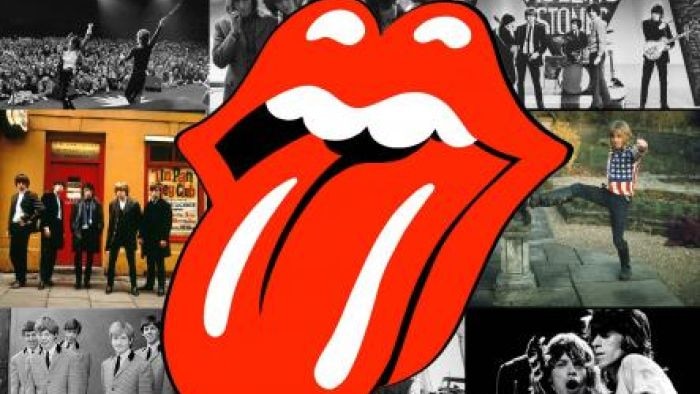 Montage of Rolling Stones album covers, with iconic smile and tongue superimposed