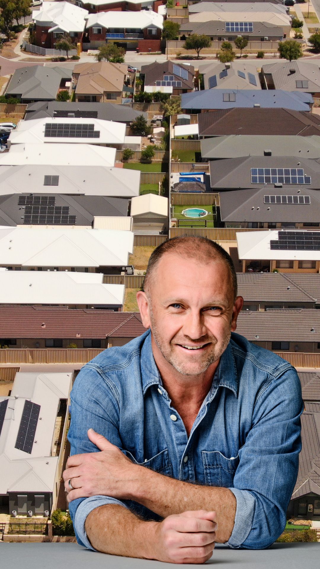 Anthony Burke wears a blue collared shirt, leaning forward smiling, imposed behind aerial view of houses, some have pools