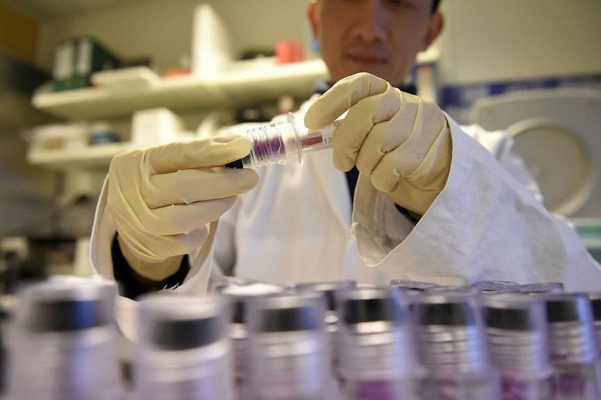 A technician holds blood samples about to be tested.