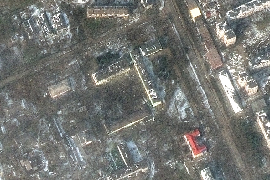 A satellite image of the destroyed Mariupol hospital.