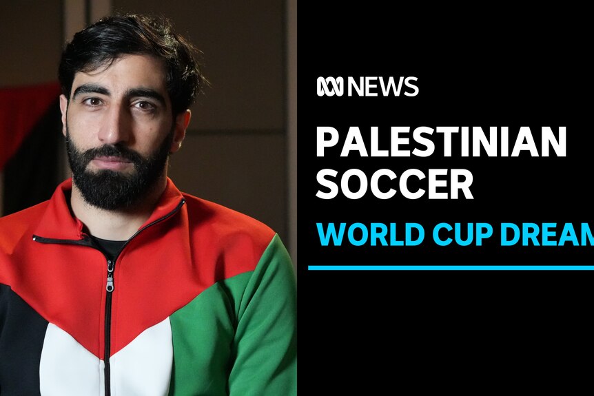 Palestinian Soccer, World Cup Dreams: A man in a Palestinian flag tracksuit looks at the camera.