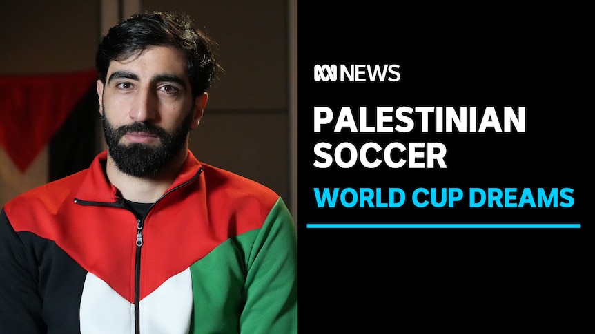 Palestinian Soccer, World Cup Dreams: A man in a Palestinian flag tracksuit looks at the camera.