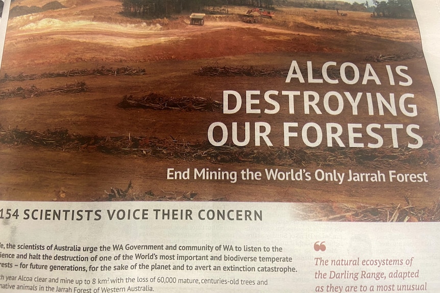 A picture of a add saying 'Alcoa is destroying our forests'