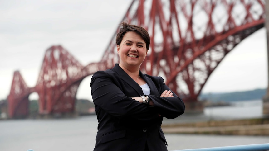 Ruth Davidson poses during a photo opportunity in front of the Forth railway bridge in South Queensferry, Scotland.
