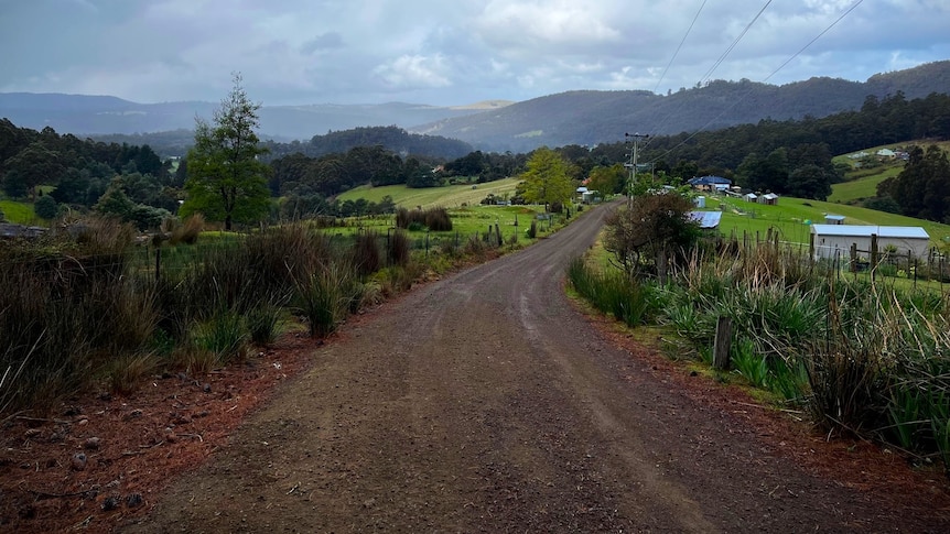 Dirt road in town of Allens Rivulet, Tasmania.