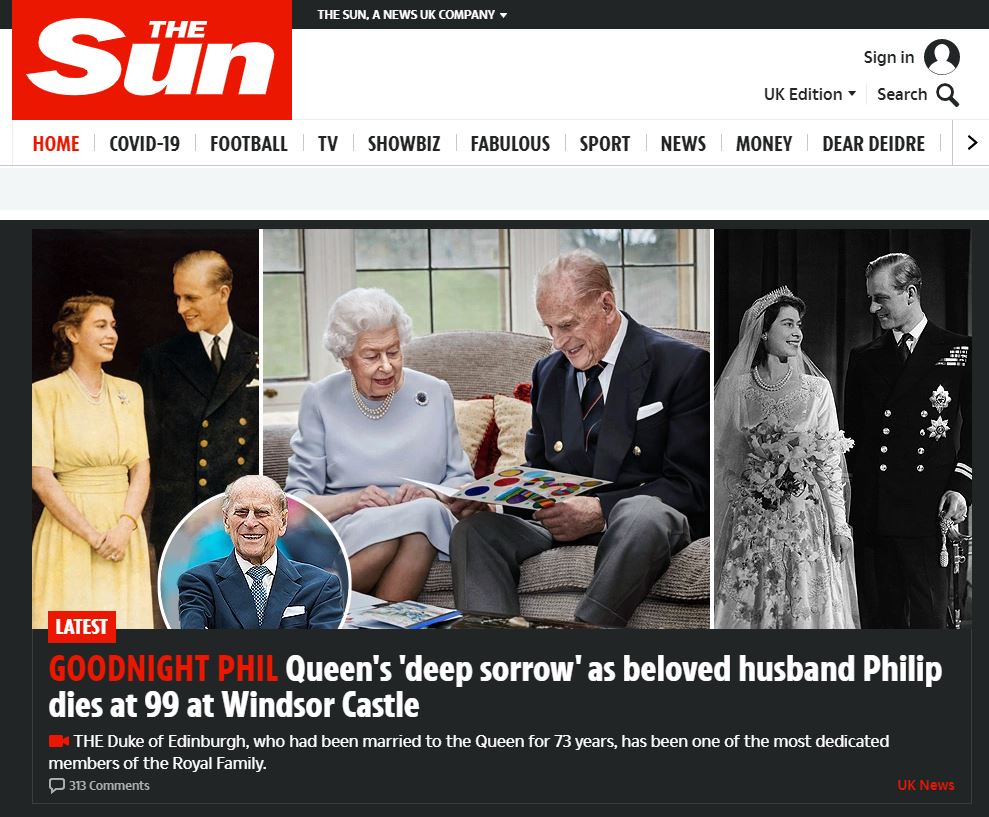 The Sun website after the death of Prince Philip.