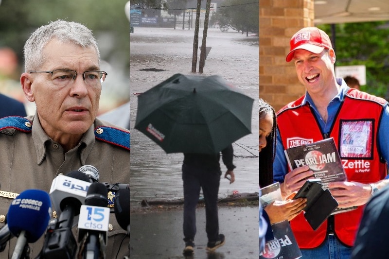 composite image of texas police boss, person standing under umbrella and prince william smiling 