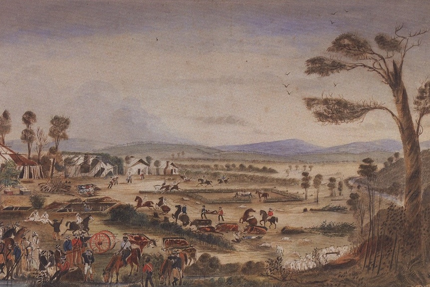 A watercolour painting of hills, horses and men on a cattle station.