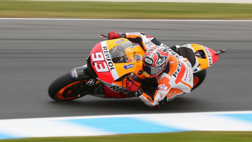 Spain's Marc Marquez rides to pole position for the 2014 Australian MotoGP at Phillip Island.