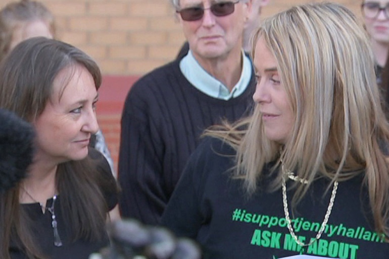 Jenny Hallam and Katrina Spraggon look at each other outside court.