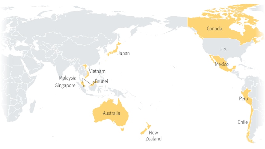 Map highlighting the countries in the Trans-Pacific Partnership, excluding the US.